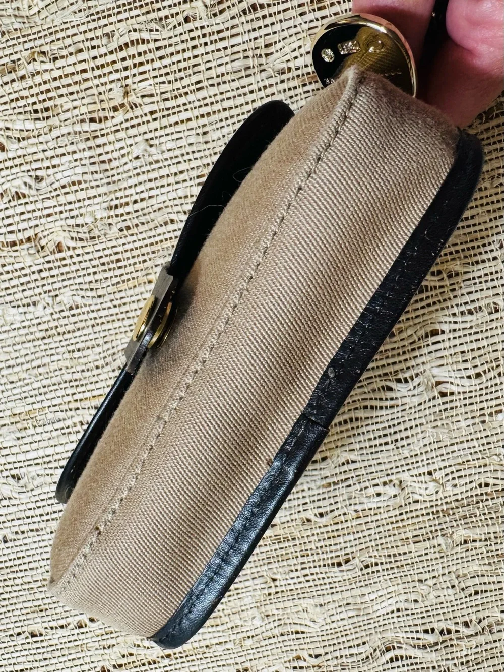 Dooney & Bourke Tan Twill Canvas Flap Wristlet Dark Brown Leather Trim